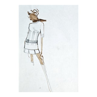1961Mid-Century Original Couture French Fashion Drawing by Pierre Balmain For Sale