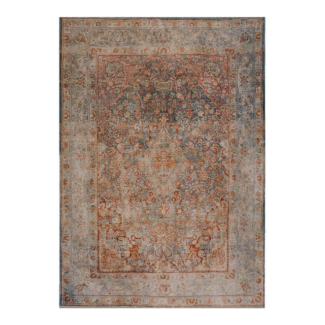 Splendid Gray Filed With Floral Motifs Geometric Design Antique Persian Kazvin Rug For Sale