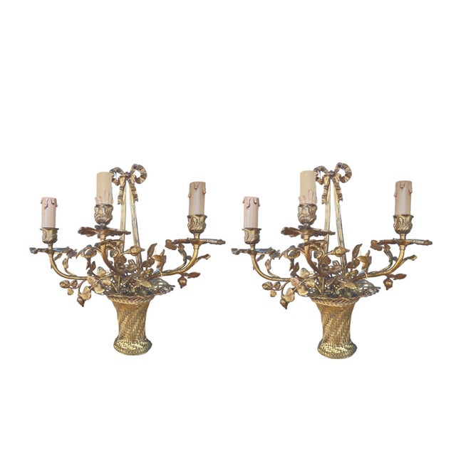 1950s French Gilt-Bronze Three-Light Wall Sconces, 1950s, Set of 2 For Sale - Image 5 of 5