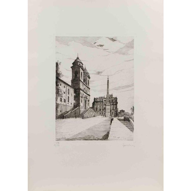 Spanish Steps is an artwork realized by Giuseppe Malandrino in the 1970s. Black and white Etching on paper. Hand-signed...
