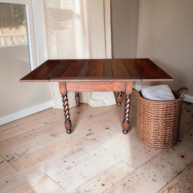Brown Vintage 1930s Jacobean Solid Oak Barley Twist Draw Leaf Dining Table Completely Restored. For Sale - Image 8 of 12