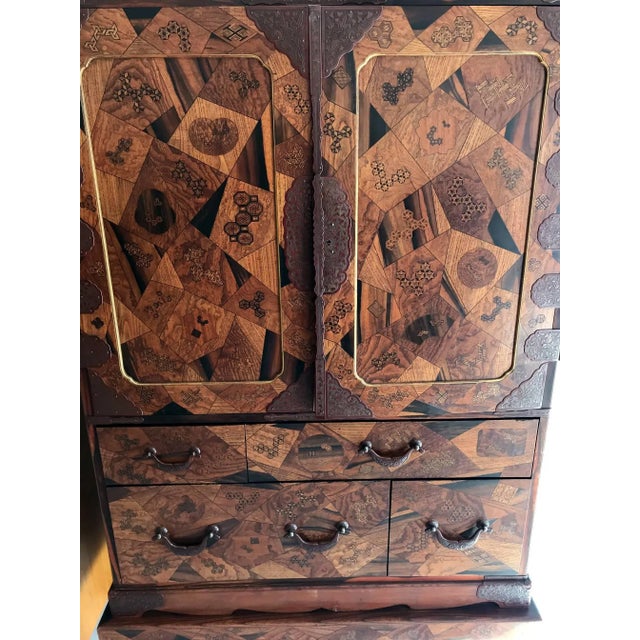 Brown Rare Japanese Export Marquetry Cabinet With Drawers on Stand For Sale - Image 8 of 10