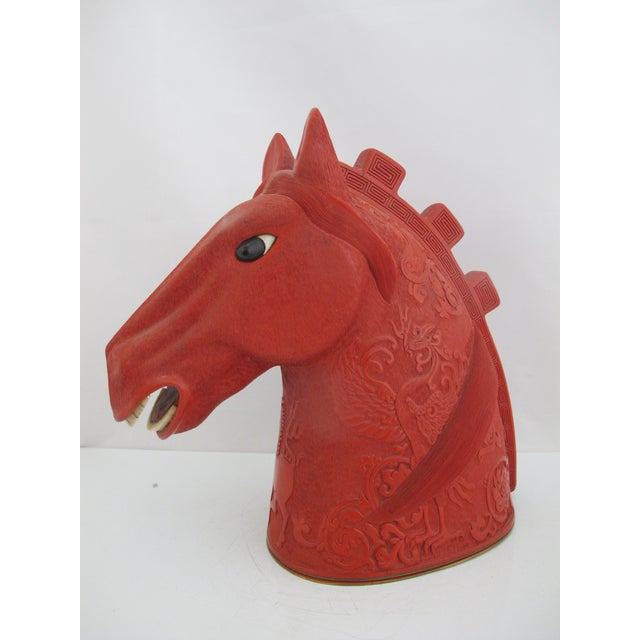 Chinese Cinnabar Lacquer Horse Head Carved Phoenix Bird Sculpture Box For Sale - Image 9 of 15