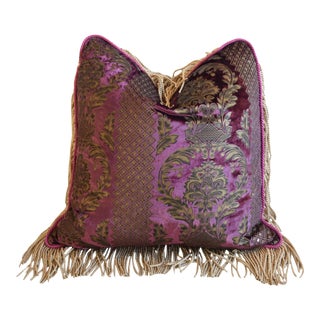 French Designer Velvet Botanical Floral Feather/Down Pillow W/ Fringe 23" Square For Sale