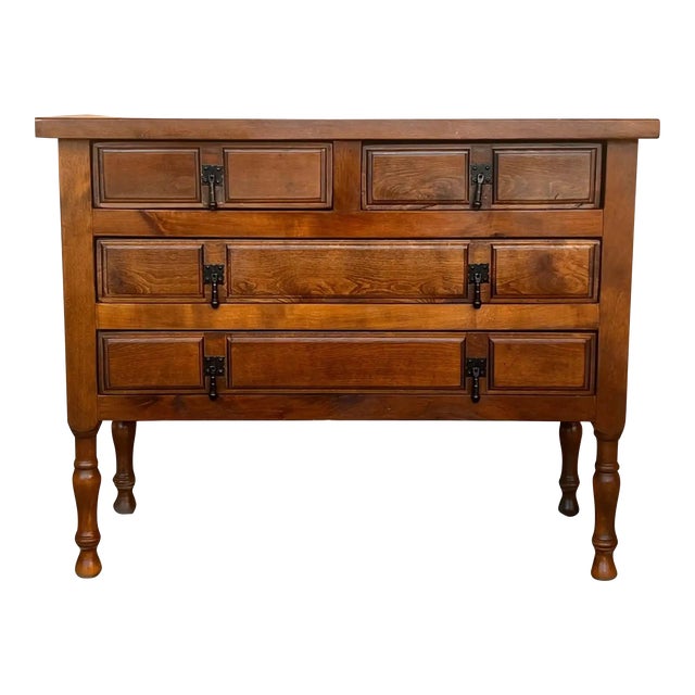 19th Century Catalan Spanish Carved Walnut Console Sofa Table, Three Drawers For Sale