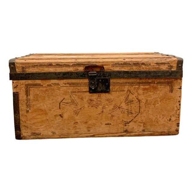 Small Vintage Painted Wooden Trunk With Geometric Motif Rustic Americana Chest For Sale