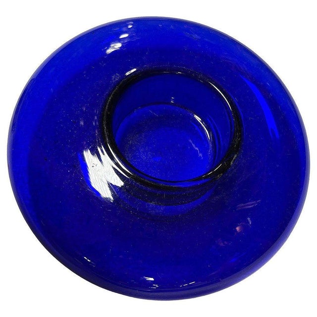 1930s Art Deco Era Hand Blown Cobalt Blue Glass Round Rose Bowl Vase For Sale - Image 4 of 5