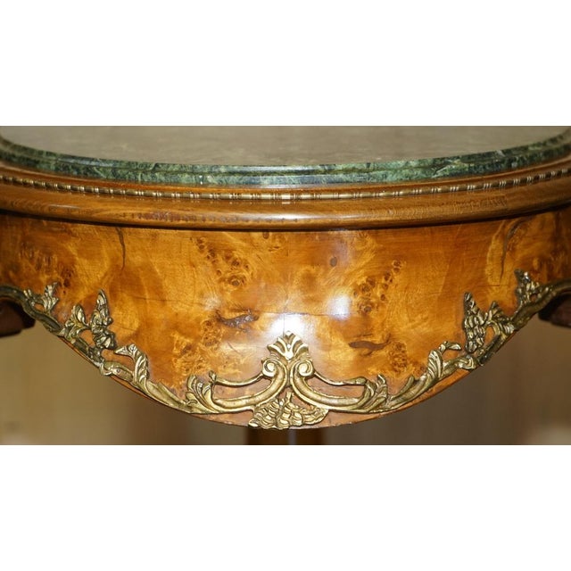 Late 19th Century Antique French Burr Walnut, Gilt Brass & Green Marble Side Tables, Set of 2 For Sale - Image 5 of 18
