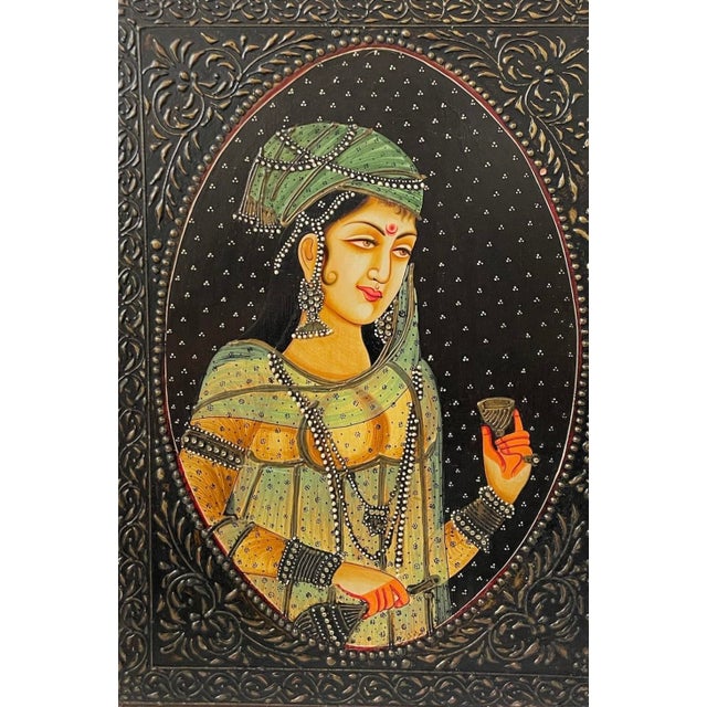 Indian Bani Thani Indian Mona Lisa Diptych Hand Painted Original Oil Painting 24x18” For Sale - Image 3 of 11