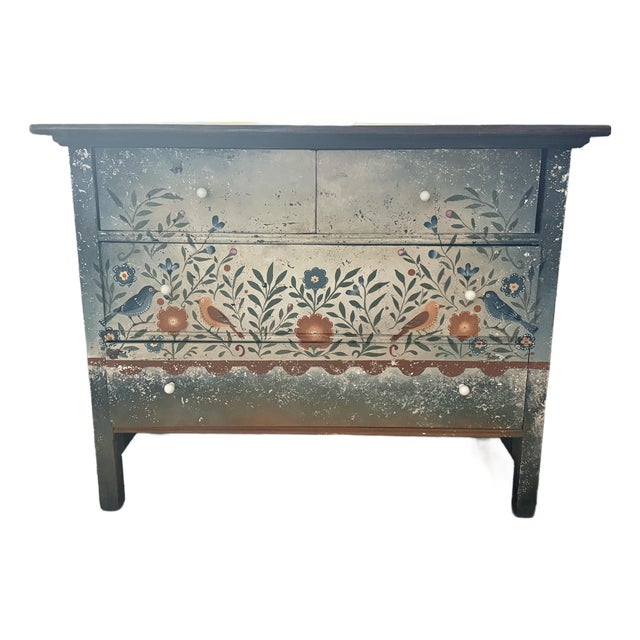 Hand-Painted Swedish Folk Art Chest / Blanket Chest With Floral & Bird Motif For Sale