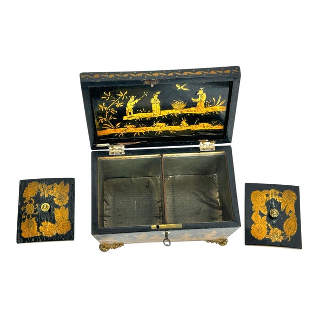 19th Century England Regency Chinoiserie Black Lacquer Tea Caddy For Sale - Image 9 of 12