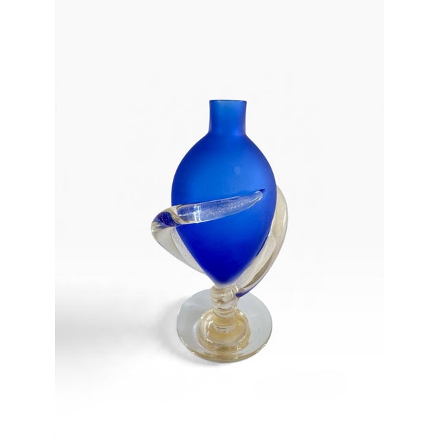 1980s Signed Marino Santi Murano Blue Glass Vase For Sale - Image 13 of 15