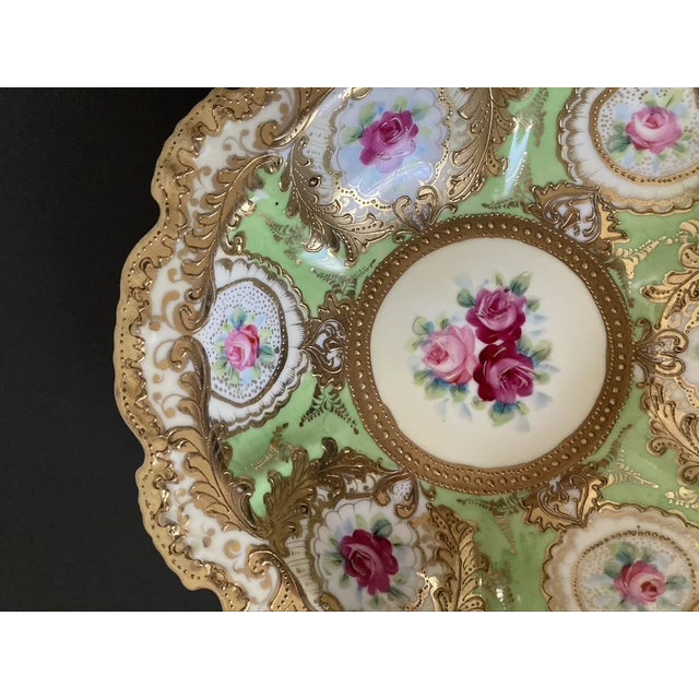 Green Early 20th Century Hand Painted Gold Nippon Green Floral Victorian Roses Porcelain Bowl, Japan For Sale - Image 8 of 12