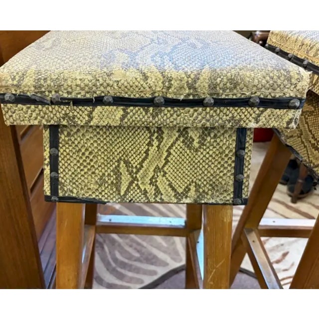 Mid 20th Century Mid Century Faux Snakeskin Upholstered Wood Stools - Signed and Dated 1971 For Sale - Image 5 of 15