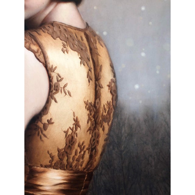 Early 21st Century Twilight by Beth Sistrunk | Oil on panel Portrait of a woman in a golden dress with a serene expression. For Sale - Image 5 of 10