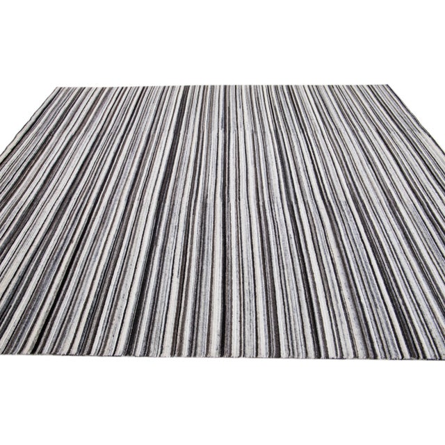 2010s 2010s Modern Handmade Striped Wool Rug in Ivory and Brown For Sale - Image 5 of 7