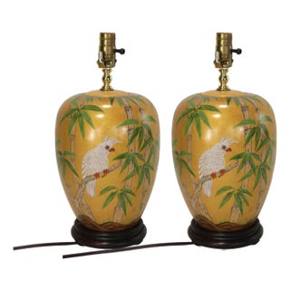 Vintage Hollywood Regency Style Hand-Painted Yellow Ceramic Bird and Bamboo Table Lamps - a Pair For Sale