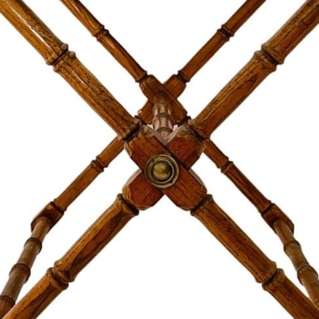 1970s Faux Bamboo X Frame Side Table With Brass Accents & Glass Top For Sale - Image 12 of 12