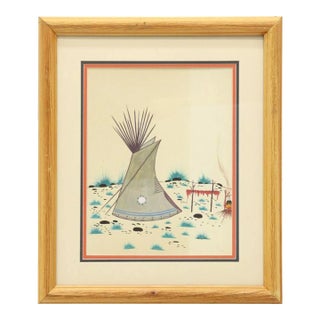 Original Signed 'Tipi and Campfire' by Woody Big Bow (Kiowa, 1914-1988), Framed For Sale