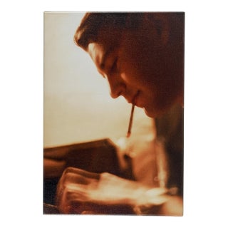 Contemporary Handsome Man Typing & Smoking Photograph on Canvas For Sale