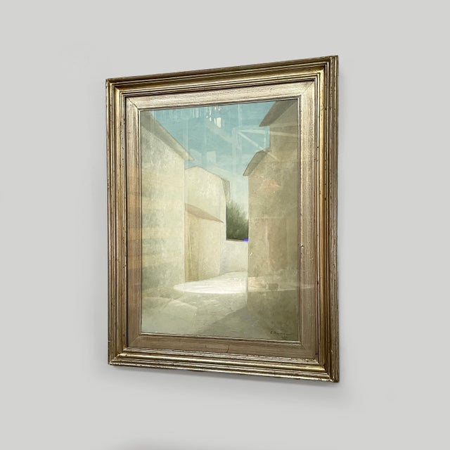 Italian painting Paesaggio a Corfino, 1977 Painting Paesaggio a Corfino, oil on canvas, depicting houses, in a gilt wooden...