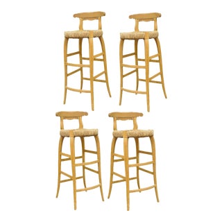 4 Garcia Imports Spain Modernist Rustic Primitive Wooden Rush Seat Bar Stools For Sale
