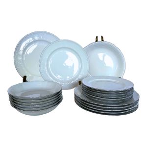 Seltmann Weiden Bavaria Porcelain Dinner Set 18 P. For 6, White Embossed Marie-Luise Style, Platinum Rim, Circa 1960