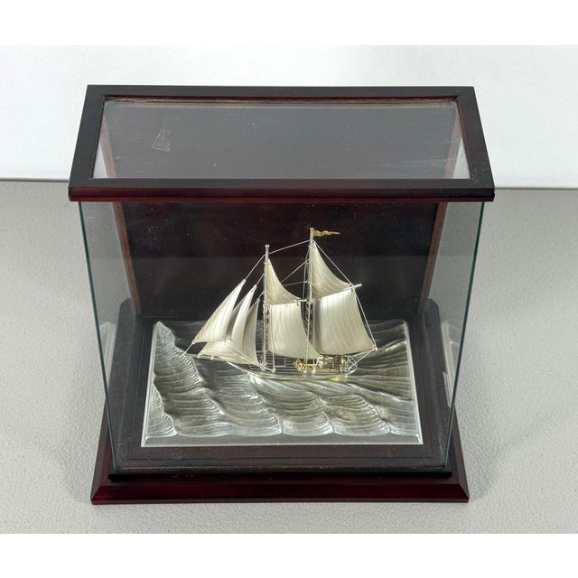 Mid-Century Modern Rare Seki Takehiko Signed 985 Silver Yacht Model Original Box and Case Maritime Art For Sale - Image 3 of 17