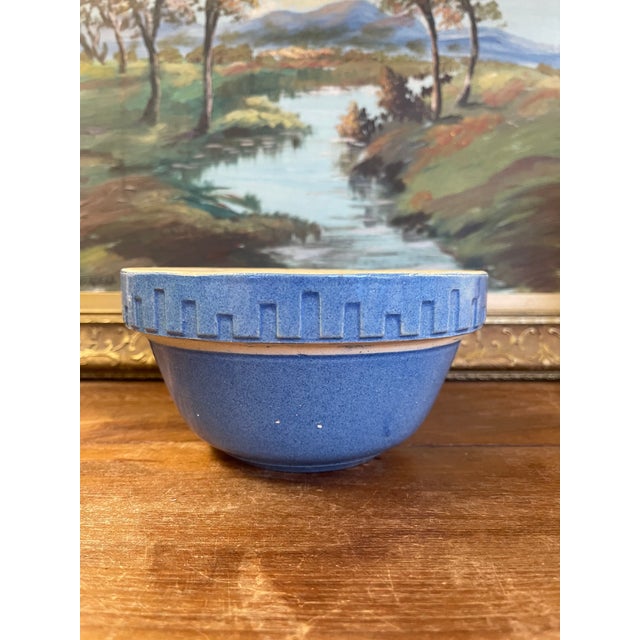 1970s Vintage Blue Stoneware Mixing Bowl With Geometric Band - Marked "Ni-L" For Sale - Image 5 of 9