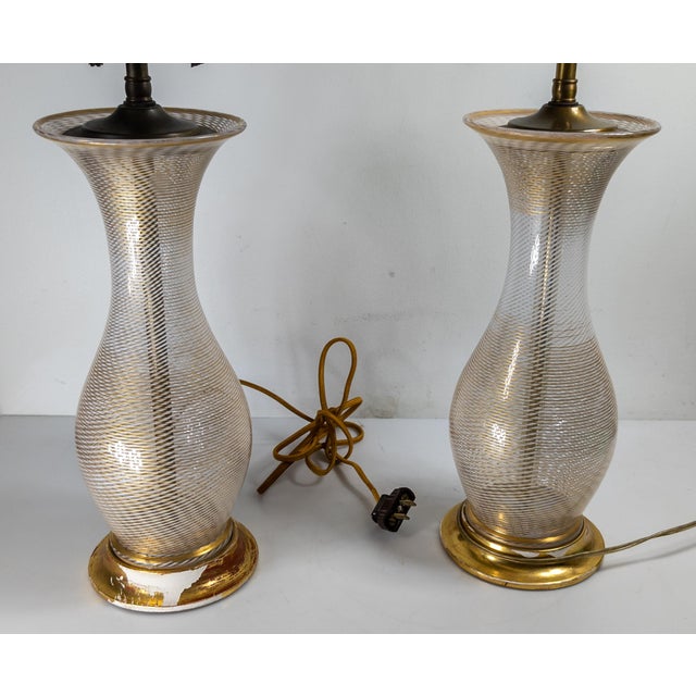 Mid 20th Century Mid-Century Pair of Italian Murano White and Clear Latticinio Lamps With Gilding For Sale - Image 5 of 12