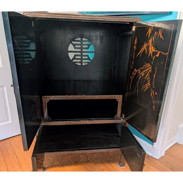 Vintage Chinese Chinoiserie Black Lacquer Armoire Cabinet For Sale - Image 10 of 14
