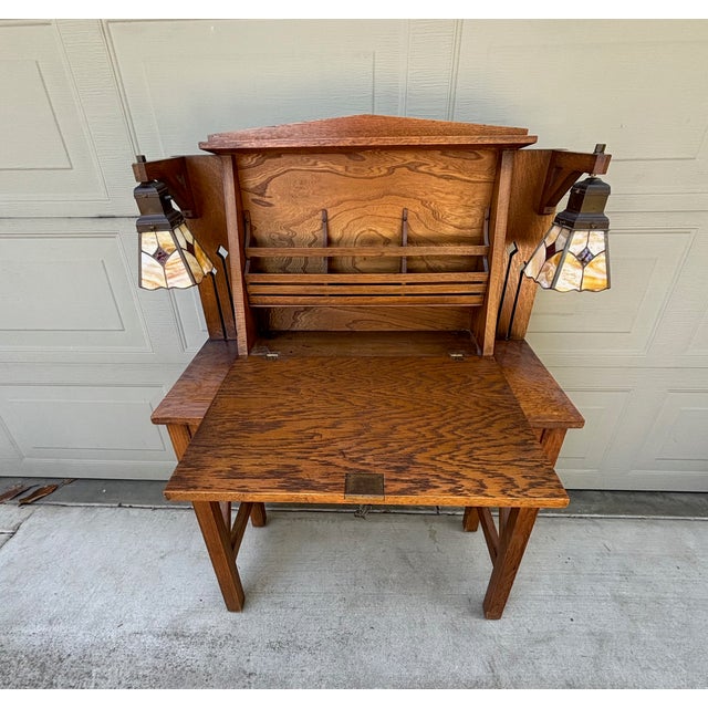 Stickley Mission Oak Art & Crafts Drop Leaf Desk Secretary With Pair Stained Glass Lamps For Sale - Image 4 of 14