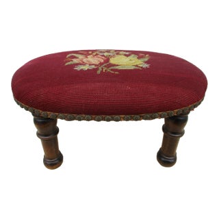Antique Oval Embroidered Top Marron Footstool For Sale