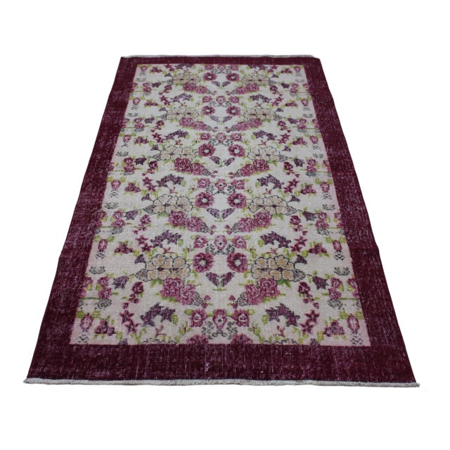 1970s Southwestern Style Floral Design Wool Wine Red Turkish Vintage Rug For Sale