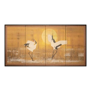 After "Dancing Cranes" by Atsushi Fujii, Late Showa Japanese Byobu Screen For Sale