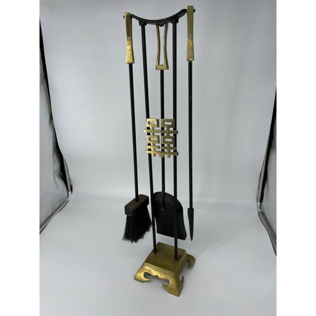 Mid-Century Asian Inspired Andirons and Fireplace Tools Set For Sale - Image 10 of 13