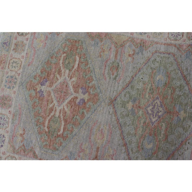 Colorful Modern Oushak Runner With Diamond Medallions and Multi-Tier Border For Sale - Image 11 of 12