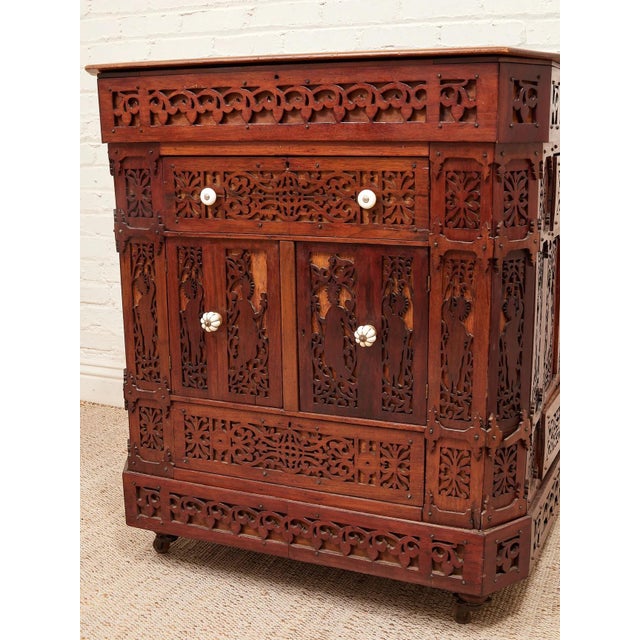 Burnt Umber Asian Heavily Hand Carved Flip Top Dry Bar Cabinet For Sale - Image 8 of 10