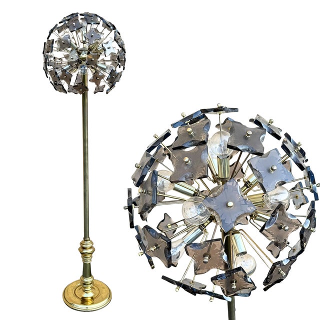 A striking statement piece, this vintage 1970s sputnik dandelion floor lamp features a radiant burst of cut glass flowers...