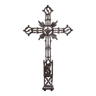 19th Century French Gothic Revival Polished Cast Iron Sacred Heart Altar Cross For Sale