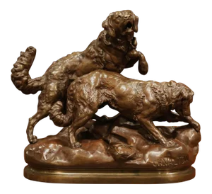 19th Century French Patinated Bronze Hunting Dogs Sculpture Signed Ch. Valton