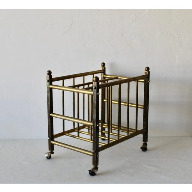 Hollywood Regency Hollywood Regency Brass Canterbury Book Magazine Rack Crate With Ball Castor Sphere Finials Detail Vintage For Sale - Image 3 of 10