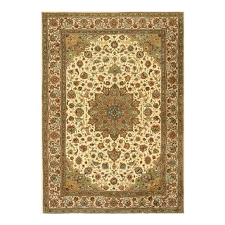 1940s Beige Antique Shah Abbas Medallion Tabriz Handknotted Wool Carpet Rug For Sale