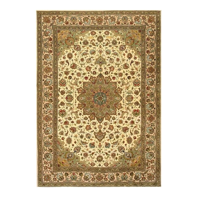 1940s Beige Antique Shah Abbas Medallion Tabriz Handknotted Wool Carpet Rug For Sale