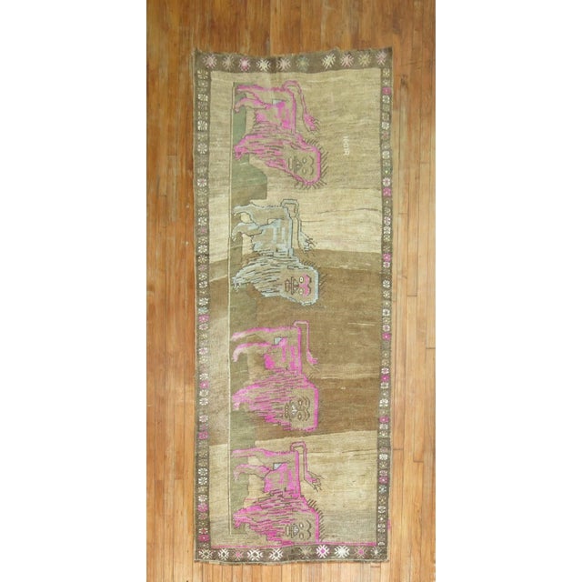 Vintage Zabihi Collection Lion Turkish Runner - 3'8" x 9'5" For Sale - Image 4 of 10