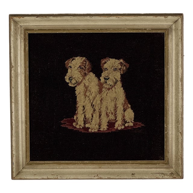 Lovely Vintage Framed Needlepoint of Two Charming Terriers on a Mat For Sale