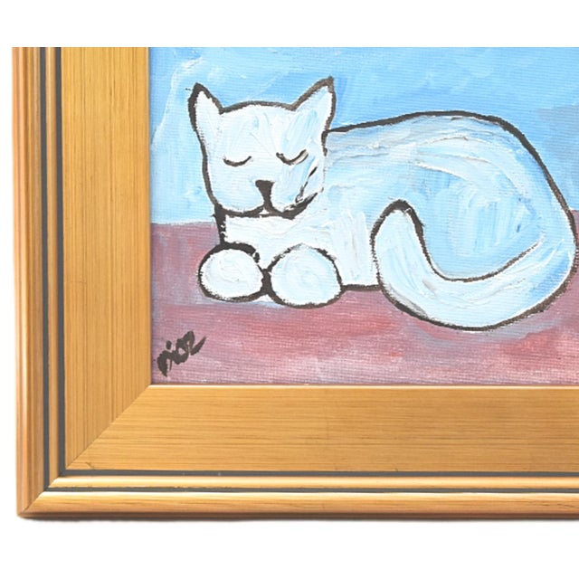 Charming folk-art kitten cat portrait study, oil on artist canvas panel. Signed by the artist "Diaz" in the lower left...