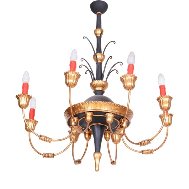 Empire Chandelier in Carved Pear, Steel & Gold Leaves, Austria, 1800s For Sale