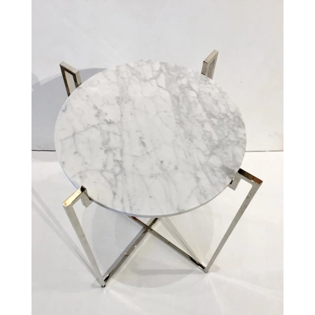 Original Retail $1635, Chic contemporary Worlds Away Abel Nickel Side Table with white and gray marble top, showroom floor...