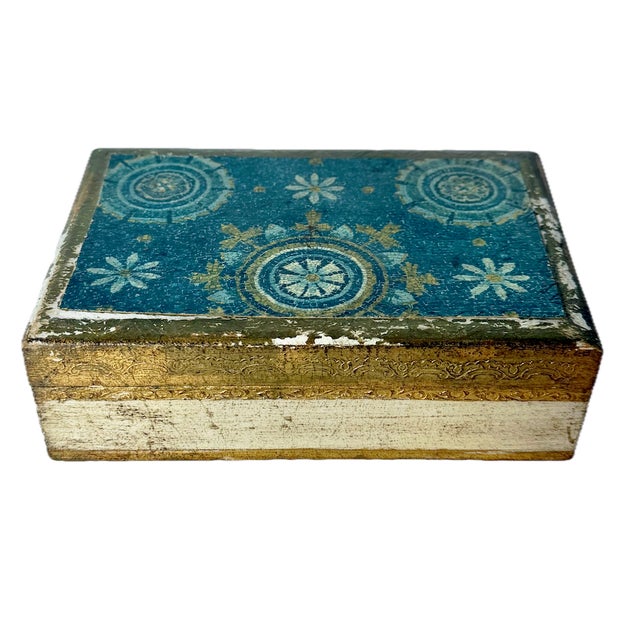 Vintage Italian Florentine Handcrafted lidded box. Attached paper image of a mosaic on the lid. Carved Florentine style...